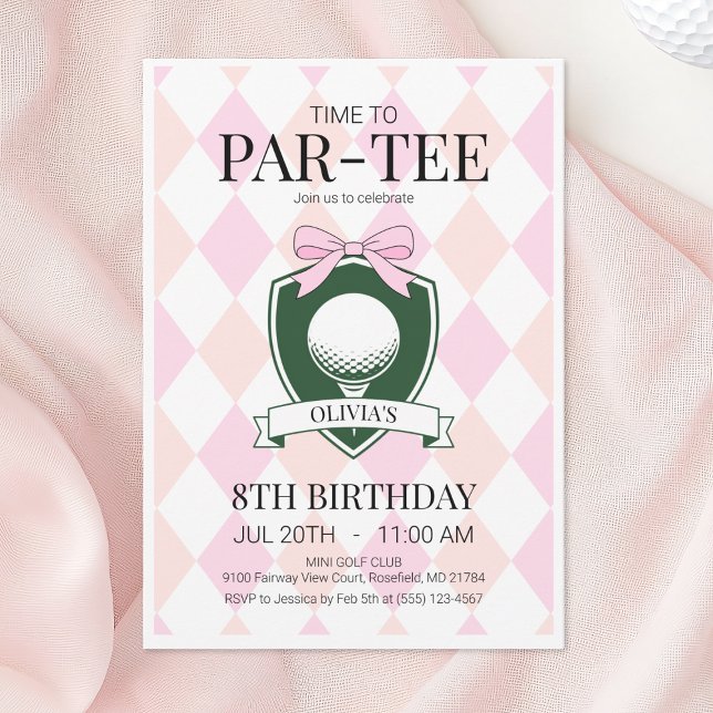 Convite Hora da Par-Tee Pink Golf Festa de 8 Anos (Time to Par-Tee Pink Golf 8th Birthday Party Invitation)