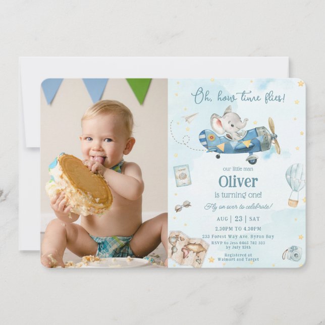 Convite Hora de Aventura de Avião Elefante Cujo Curso Voa  (Frente)