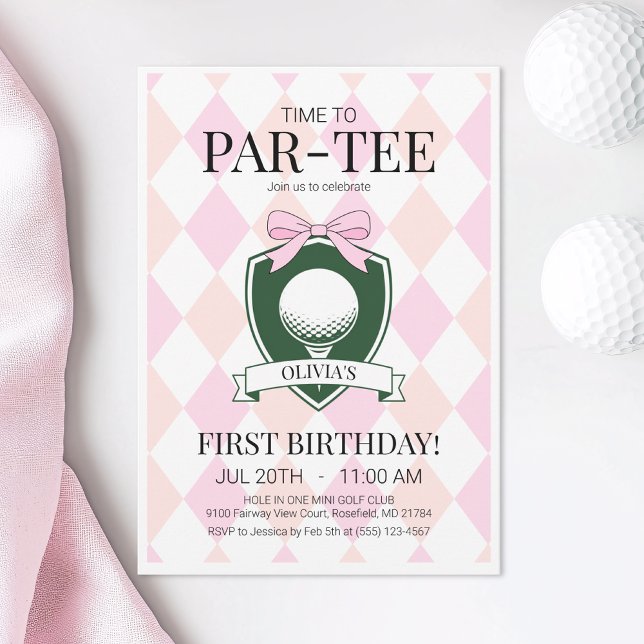 Convite Hora de Par-Tee Golf Rosa Primeira Festa de aniver (Time to Par-Tee Pink Golf First Birthday Party Invitation)