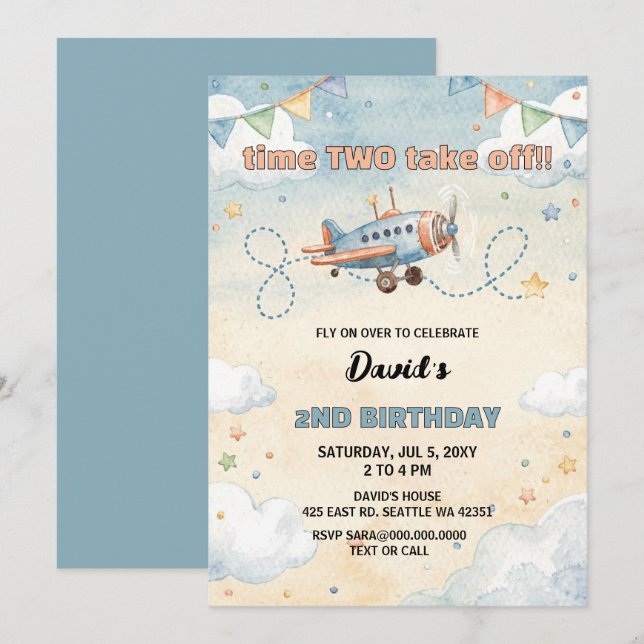 Convite Hora de Voar Avião Aniversário (Frente/Verso)