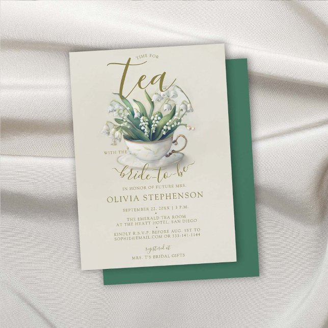 Convite Hora do Chá de panela Tea Emerald Lily Valley (bridal tea shower invitation emerald gold lily valley elegant modern classic romantic feminine chic)