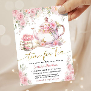 Convite Hora do Chá Festa de Bebê Menina Dourado Rosa Flor