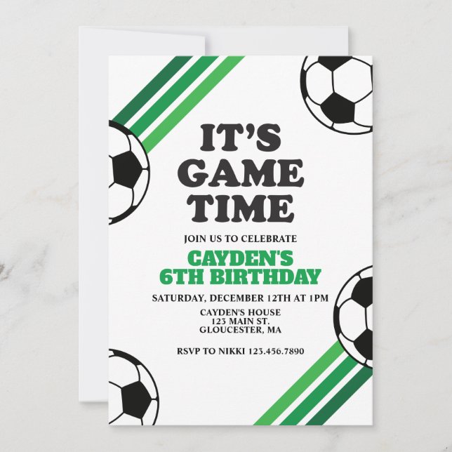 Convite Hora do Jogo de Futebol Listras Verdes Aniversário (Frente)