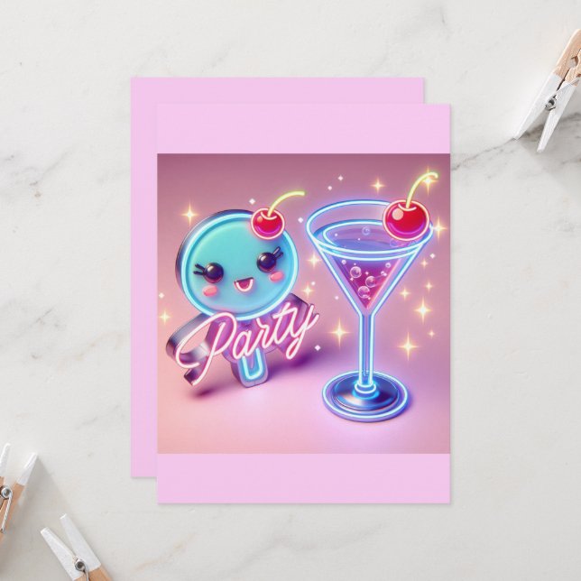 Convite Hora do Partido Neon Pink (Frente/Verso In Situ)