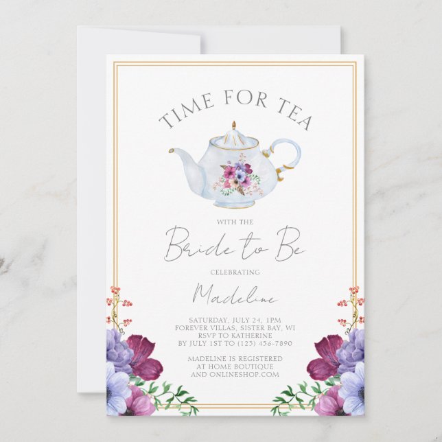 Convite Hora Elegante Para Chá de panela Floral Tea (Frente)
