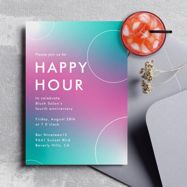 Convite Hora feliz do gradiente moderno (Aqua) (modern corporate happy hour party invitation in aqua and pink)