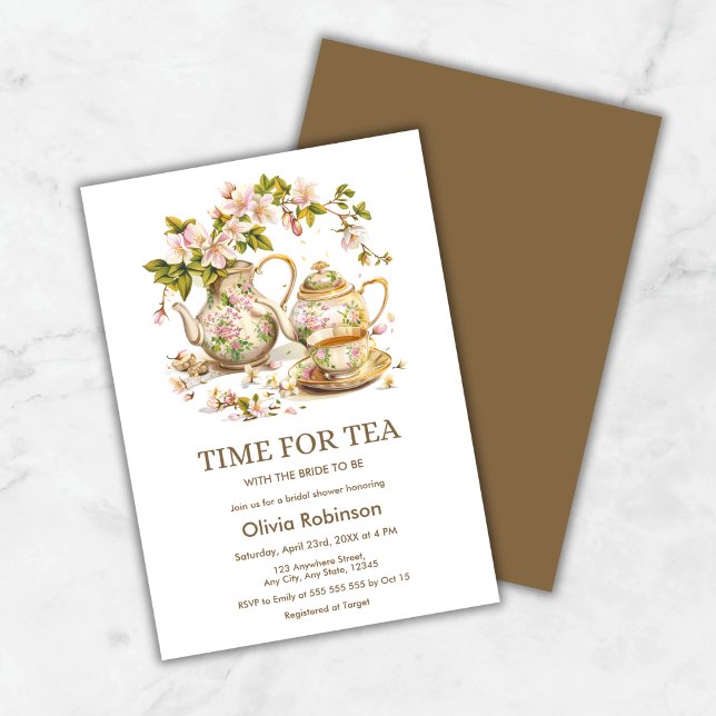Convite Hora Floral do Bule para o Chá de panela de Chá (Floral Teapot Time for Tea Bridal Shower Invitation )