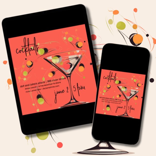 Convite Hora Moderna do Meio século Whimsso (Whimsical mid century modern martini and olives customizable house or birthday party invitation.)