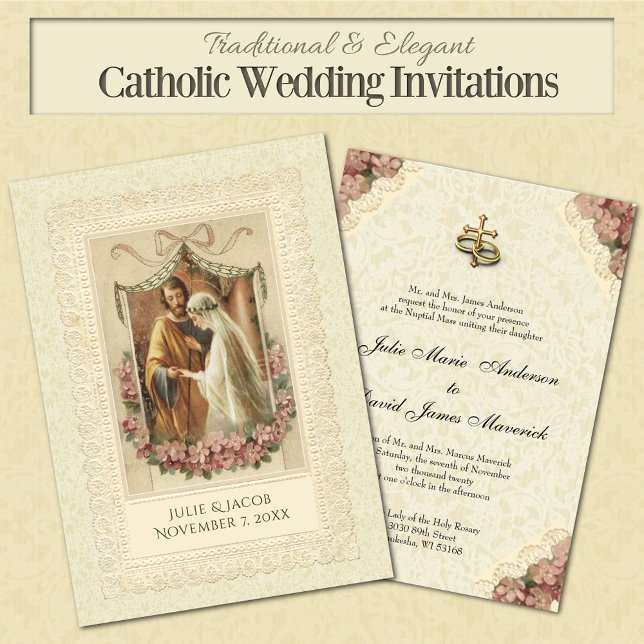 Convite Horário de Noiva Católica Tradicional (Traditional Catholic Wedding Invitations with a vintage image of the betrothal of Mary and Joseph)