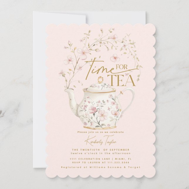 Convite Horário Rosa de Flor Selvagem para Festa de Chá de (Frente)