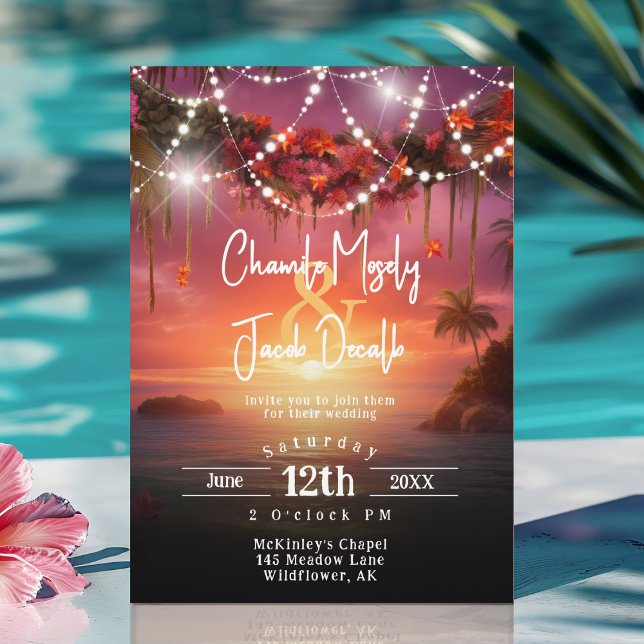 Convite Horário Tropical Verão Sunset Beach String Luzes C (Tropical Summer Beach String Lights Wedding Invitation)