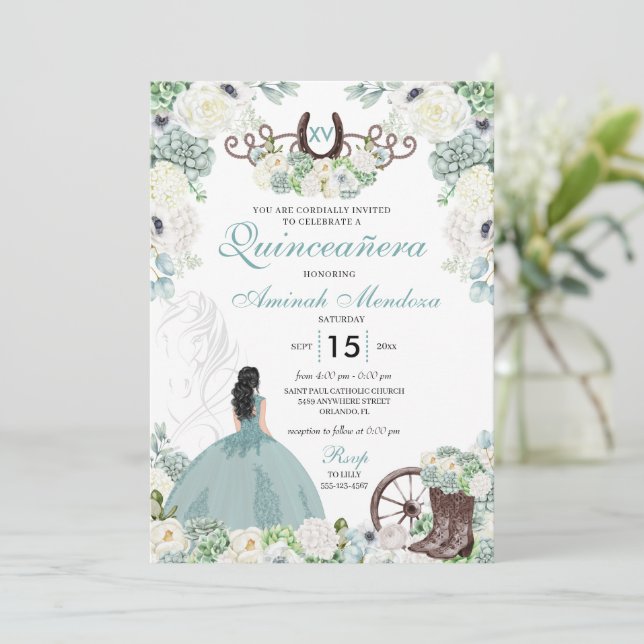 Convite Horferradura Floral Verde Quinceañera Ocidental (Em pé/Frente)