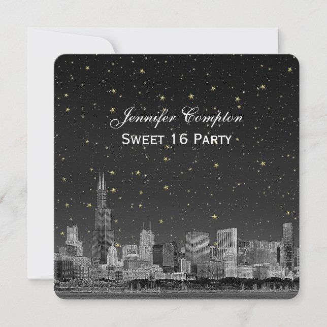 Convite Horizonte de Chicago Etch Gray Starry SQ Sweet 16 (Frente)