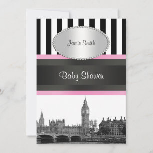 Convite Horizonte de Londres BW Blk Wht Strp Pink Baby Sho