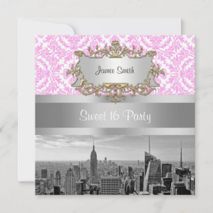 Convite Horizonte de NY Cidade BW D4P Rosa Damask Branco