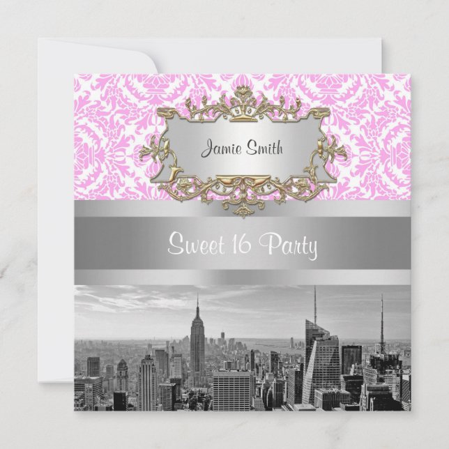 Convite Horizonte de NY Cidade BW D4P Rosa Damask Branco (Frente)