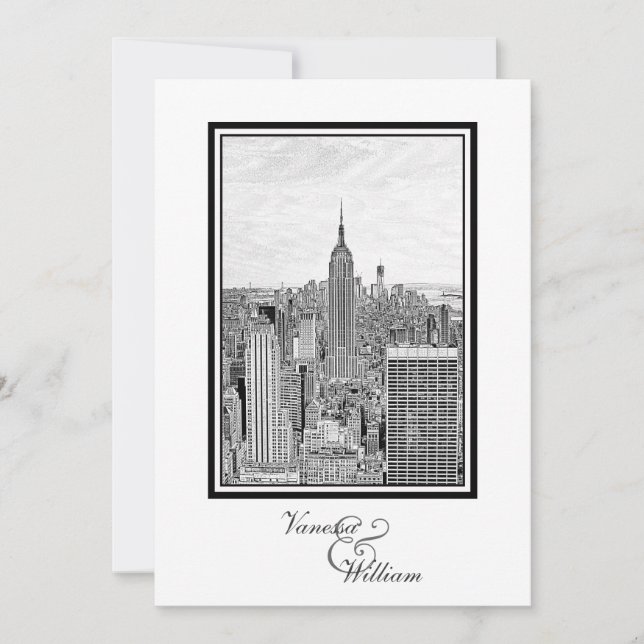 Convite Horizonte de NY Cidade ESB BW Gravado Casamento (Frente)