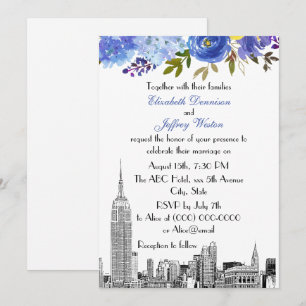 Convite Horizonte de NYC ESB Etch Azul Amarelo Floral Casa