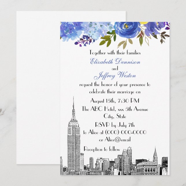 Convite Horizonte de NYC ESB Etch Azul Amarelo Floral Casa (Frente/Verso)