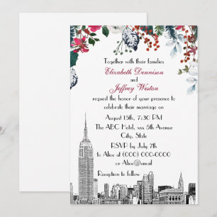 Convite Horizonte de NYC ESB Etch Burg Blu Floral Casament