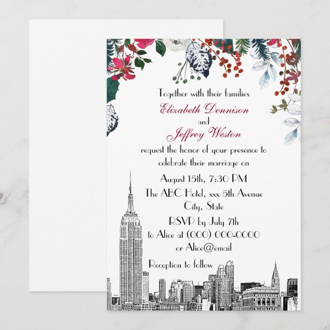 Convite Horizonte de NYC ESB Etch Burg Blu Floral Casament (Frente/Verso)