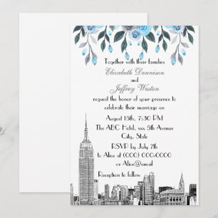 Convite Horizonte de NYC ESB Etch Casamento Floral Azul Ci