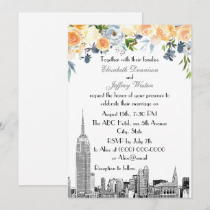 Convite Horizonte de NYC ESB Etch Casamento Floral em Tons