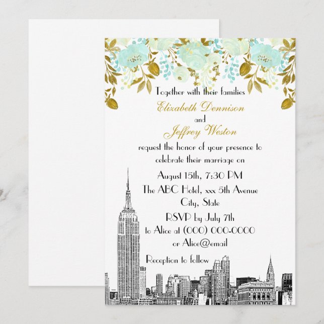 Convite Horizonte de NYC ESB Etch Dourado Floral Casamento (Frente/Verso)