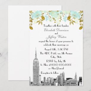 Convite Horizonte de NYC ESB Etch Dourado Floral Casamento
