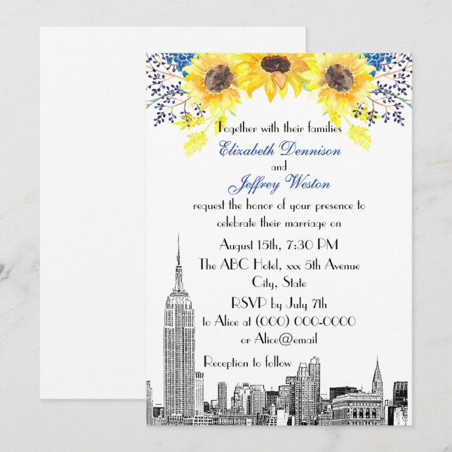 Convite Horizonte de NYC ESB Etch Girassol #2 Floral Casam (Frente/Verso)