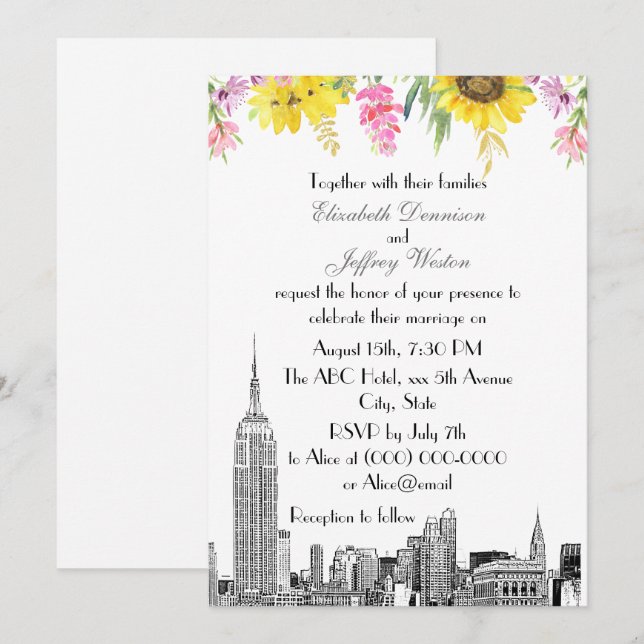 Convite Horizonte de NYC ESB Etch Girassol Rosa Flor Casam (Frente/Verso)