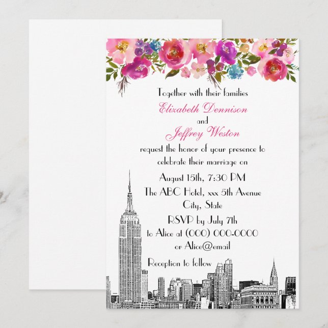 Convite Horizonte de NYC ESB Etch Primavera Rosa Floral Ca (Frente/Verso)