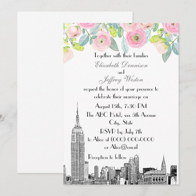 Convite Horizonte de NYC ESB Etch Ranunculus Rosa Flor Cas (Frente/Verso)