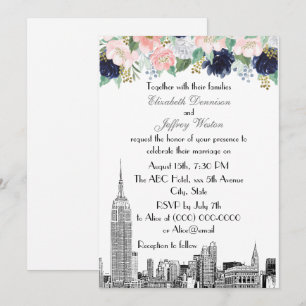 Convite Horizonte de NYC ESB Etch Rosa Azul Dourado Floral