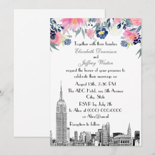 Convite Horizonte de NYC ESB Etch Rosa Azul Floral Casamen