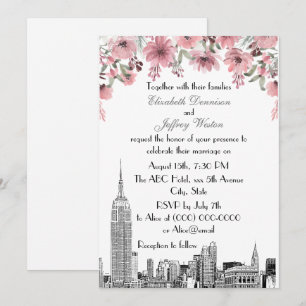 Convite Horizonte de NYC ESB Etch Rosa Floral Casamento