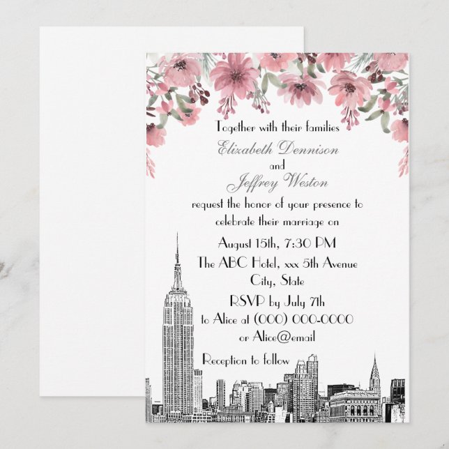Convite Horizonte de NYC ESB Etch Rosa Floral Casamento (Frente/Verso)