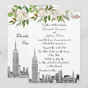 Convite Horizonte de NYC ESB Floral Aquarela Casamento