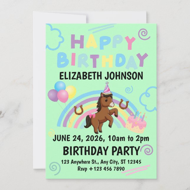 Convite Horse Birthday Invitation in Green (Frente)