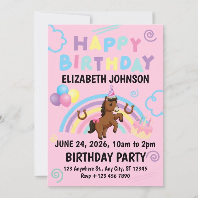 Convite Horse Birthday Invitation in Pink (Frente)