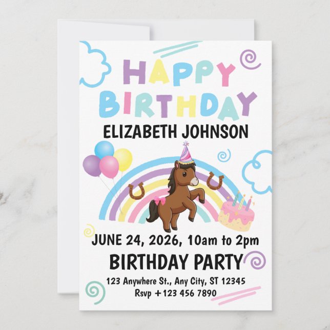 Convite Horse Birthday Invitation White (Frente)