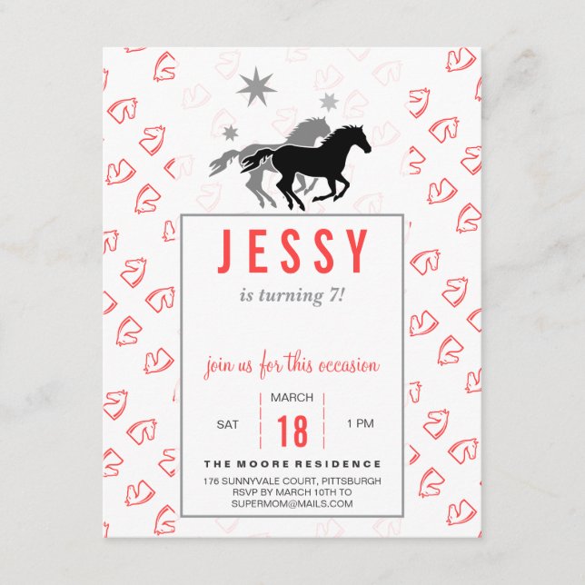 Convite Horse Birthday Invitations Coral Red (Frente)