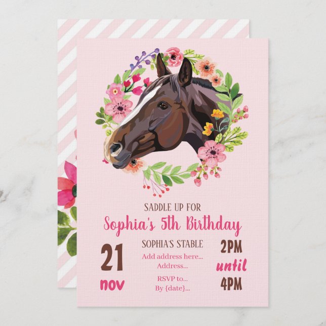 Convite Horse Birthday Party Cowgirl Pink Floral Birthday (Frente/Verso)