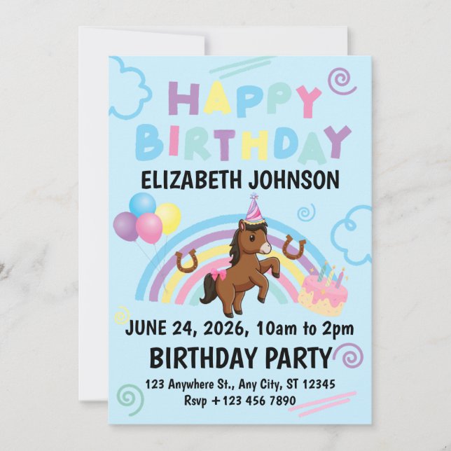 Convite Horse Birthday Party Invitation Blue (Frente)