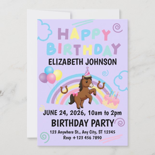 Convite Horse Birthday Party Invitation Purple (Frente)