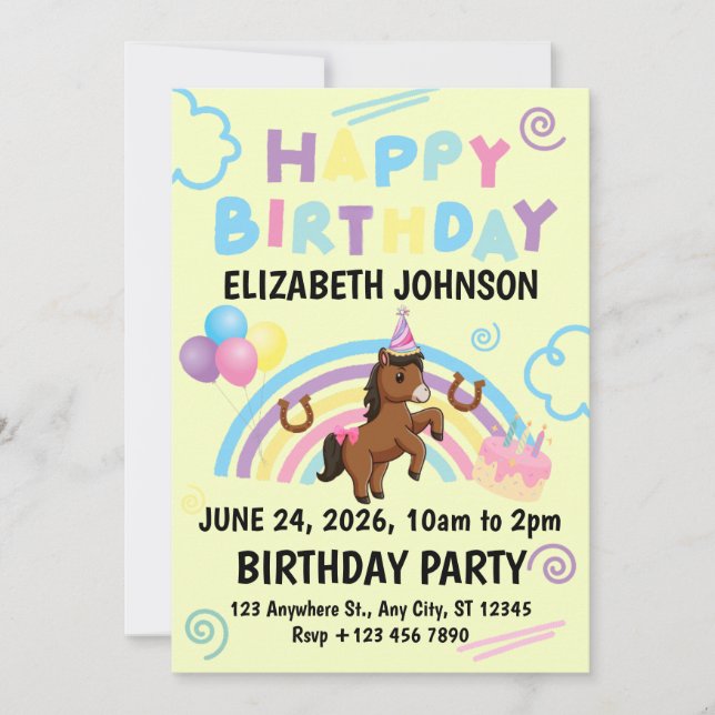 Convite Horse Birthday Party Invitation Yellow (Frente)