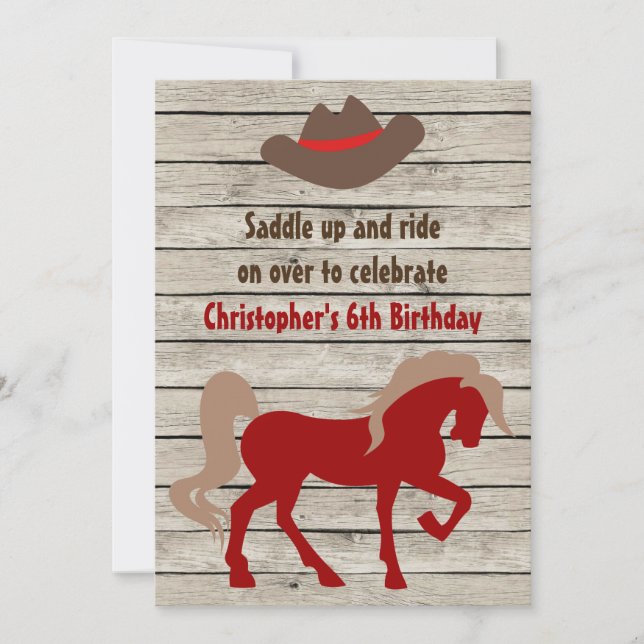 Convite Horse e Cowboy Hat Barn Wood Ocidental Aniversário (Frente)