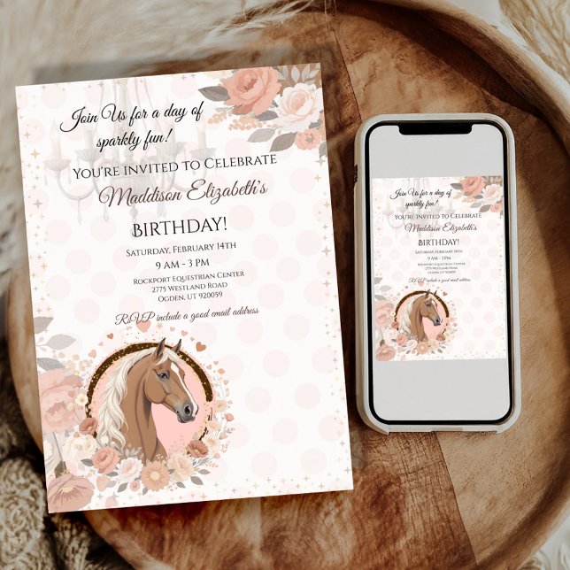 Convite Horse Elegant Birthday  (Celebrate in style with this charming birthday invitation featuring a beautiful horse design. 
)