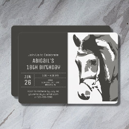 Convite Horse Sketch Modern Grey and White Birthday