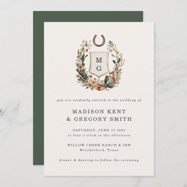 Convite Horseshoe Cactus Western Country Crest Wedding  (Frente/Verso)